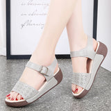 Microfiber Hollow Women's Sandals Ankle Buckle Strap Platform Soft Sole Walking Shoes Low Wedge MartLion GreyL715 6 