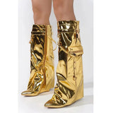 Denim Workwear Pocket Trouser Legs Show Large Knee Length Boots Women's Shark Lock Sleeve Skirt MartLion 6179-golden 36 