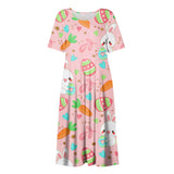 Loose Women's Dress Delicate Easter Printed Mid-Calf Dresses Round Collar Short Sleeves Frocks MartLion   