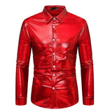 Men's Disco Dress Shiny Long Sleeve Casual Button Down Shirt Slim Fitting Solid Party MartLion Red S China