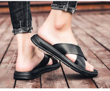 Summer Men's Casual Slippers Outdoor Breathable Beach Shoes Non Slip Flat Vulcanized Sandals Black Slip-on MartLion   