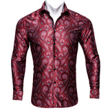 Hi-Tie Long Sleeve Silk Shirts Men's Suit Dress Outwear Slim Jacquard Wedding Floral Paisley Gold Blue Red MartLion   