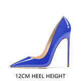 Pointed Shallow Mouth Patent Leather Stiletto Heels Women's Single Shoes MartLion Blue 12CM 44 CHINA