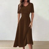Women Dress Casual Print Mid-Calf Dresses V-Neck Short Sleeves Frocks Robes MartLion Brown M United States