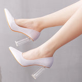 White Women Block Transparent 9 cm High Heels Lady Satin Clear Pumps Wedding Dress Silk Shoes MartLion   