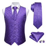 4PC Men's Silk Vest Party Wedding Purple Paisley Solid Floral Waistcoat Vest Pocket Square Tie Slim Suit Set Barry Wang Mart Lion MJ-2021 L 