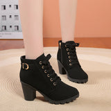 Black Chunky Heeled Women's Ankle Boots Autumn Metal High Heels Shoes Woman Lace Up Platform MartLion   