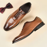 Whole-cut Leather Men's Dress Shoes Brogues Formal Block Carved Lace Up Pointed Toe Office Wedding Mart Lion Brown 39 