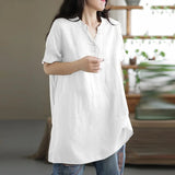 Women Solid Color Longer Shirt Summer V Neck Pullover Button  Blouse Female MartLion   