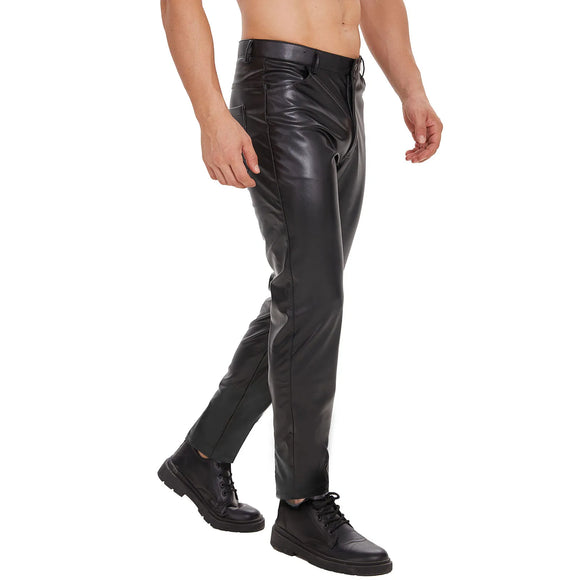 Men Shiny Leather Straight Pants Zipper Open Crotch Soft Matte Leather Casual Trousers Male High Elastic Shaping Leggings MartLion   