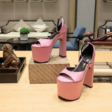 Luxury Full Diamond Ultra High Heel Thick Sole Roman Open Toe Sandals Women's Wedding Shoes MartLion Pink Sanding Cloth 34 