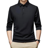 Buttons Neckline Long Sleeve Solid Color Men's Shirt Autumn Slim Fit Lapel Office Pullover Top MartLion Black M 