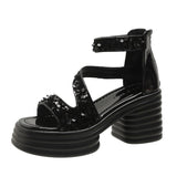 Summer Casual Women Platform Sandals Square Head Sequins Roman Shoes Chunky Heel Ladies Mart Lion Black 34 