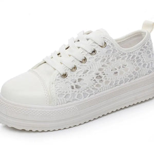 Women Shoes Summer Casual White Sneakers Cutouts Lace Canvas Hollow Breathable Platform MartLion   