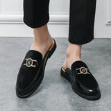 Men's Mules Leather Slipper Summer Walk Loafers Open Style Half Flat Shoes Casual Sandals Metal Lock Slides Moccasin MartLion   