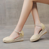 Patchwork Women Linen Cotton 6cm High Wedge Espadrilles Sandals Summer Elegant Ladies Ankle Strap Closed Toe Hemp Shoes MartLion   