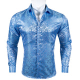 Barry Wang Exquisite Blue Silk Paisley Men's Shirt Four Seasons Lapel Long Sleeve Embroidered Leisure Fit Party Wedding MartLion CY-0412 S China
