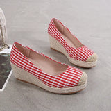 Wedges Heels Shoes Women Spring Summer Cloth Plaid Ladies High Heel 7cm MartLion   