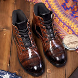 Men's Boots Autumn Spring Leather Round Toe Vintage Crocodile Pattern Shoes Leisure High Top Mart Lion   