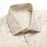 Hi-Tie Luxury Silk Men's Shirts Long Sleeve Slim Fit Lapel Shirt Yellow Khaki Teal Green Brown Blouse Hawaii Beach Gift MartLion   