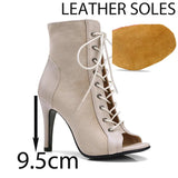 Latin Dance Shoes Ballroom Jazz for Women's Lace-up Fish Mouth Sandals High-heeled Indoor Pole Dance Salsa Dance Boots MartLion Beige 9.5cm leather 36 
