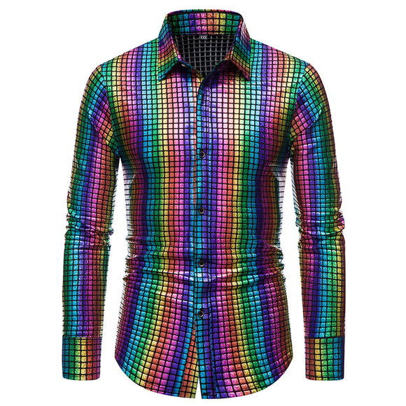 Rainbow Sequins Shirts Men's Disco Party Gold Silver Multicolour Plaid Loose Art 3d Digital Print Geometric Tops MartLion Purple S United States