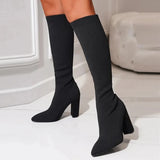 Green Women Cozy Knitting Stretch Fabric Knee High Boots Square Heels Autumn Winter Sock Long Shoes MartLion   