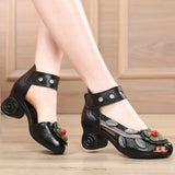 Genuine Leather Retro Style Chunky Heel Sandals Flower Open Toe Handmade Women High-Heeled Shoes MartLion   