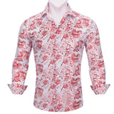 Luxury Silk Shirts Men's Long Sleeve Red Black Floral Embroidered Slim Fit Tops Button Down Collar Clothes Barry Wang MartLion 0594 S 