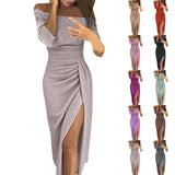Women's Hip-Hugging Dress Bateau Collar Dress High Slit Dress Solid Color Slim Fit Glittering Formal Evening Party MartLion   