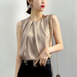 Summer Elegant Sleeveless Satin Shirt Ladies Round Neck Folds All-match Blouse Women Solid Color MartLion   