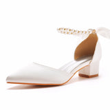 Crystal Queen Women Pumps White Silk Beading Bride Shoes Pointed Toe Buckle Strap Sandals 4CM Thick High Heels MartLion Ivory 35 