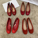 Retro Ultra-soft Women Shoes Spring Bow Red Flat Sole Single Shoe Leisure Leather Ballet MartLion   