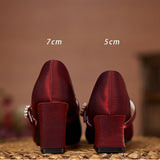 Vintage Silk Satin High Heels Mary Jane Shoes Women Chunky Heels Pumps Pearl Buckle Thick-Heeled Fat Wide Feet Mart Lion   