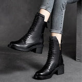 Women Shoes Winter Square Med  Boots Lace Up Zipper Ladies Pumps MartLion   