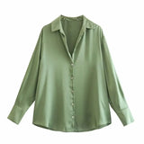 Women Satin Blouses Button Down Tops Long Sleeve Casual Office Work Shirt V-Neck Loose T-Shirt Female Vintage Y2K Clothing MartLion S Green 