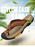 Summer Men's Flip-Flops Genuine Leather Anti-Slip Beach Slippers Sandals Anti-collision Toe Mart Lion   