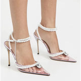 Clear Plexiglass Women Sandals Crystal Pearls Ankle Strap High heels Gladiator Spring Summer Party Prom Shoes MartLion   