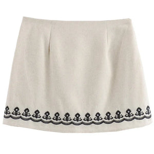 Women's Skirt Summer Mini Embroidered Skirts Linen Blended Waist Aesthetic Skirts MartLion   