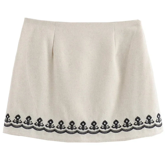 Women's Skirt Summer Mini Embroidered Skirts Linen Blended Waist Aesthetic Skirts MartLion   