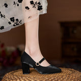 Vintage Silk Satin High Heels Mary Jane Shoes Women Chunky Heels Pumps Pearl Buckle Thick-Heeled Fat Wide Feet Mart Lion Black 7cm 36 