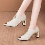 High Heels Bare Boots Women Shoes Square Black Zip Leather Ladies Metal Pointed Toe Pump Wedding Mart Lion   