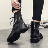 Summer Men's Ankle Boots Punk Rock Mesh Leather Chain Round Toe Breathable Motorcycle Party Casual Shoes Mart Lion   