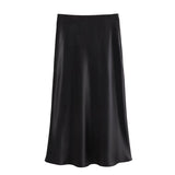 Women's Flowing Satin Midi Skirt Women Vintage Elastic  Waist Flared Street Skirt MartLion   