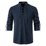 Men's Casual Blouse Cotton Linen Shirt Tops Long Sleeve Tee Shirt V-neck shirt Vintage Thin Mart Lion navy S China|No