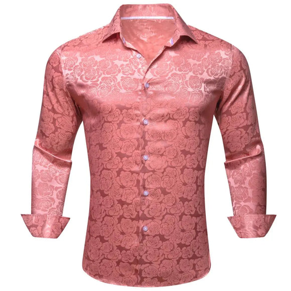  Luxury Silk Shirts Men's Pink Flower Long Sleeve Slim Fit Blouese Casual Tops Formal Streetwear Breathable Barry Wang MartLion - Mart Lion