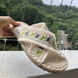 Summer Women Soft Cotton Embroidered Flat Espadrilles Slides Slippers Casual Holiday Shoes Beige MartLion   