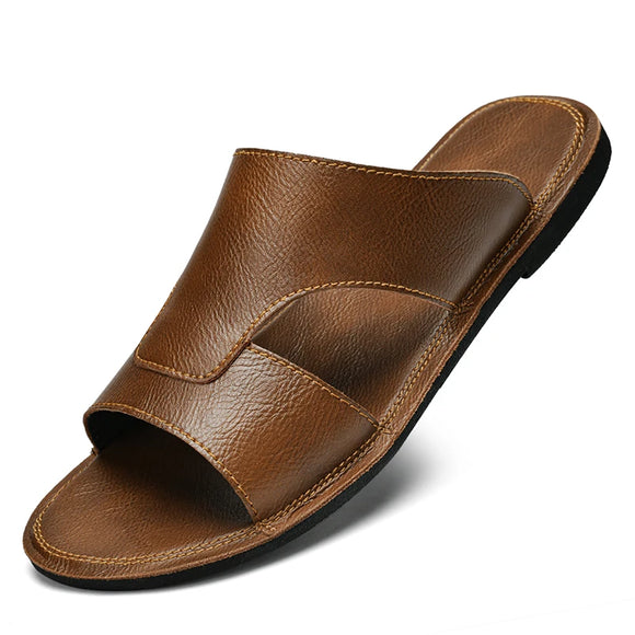 Beach Cool Leather Men's Slippers Summer Designer Simple Light Outdoor Cowhide MartLion Brown 45 