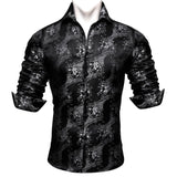Barry Wang Men's Shirts Black Floral Silk Embroidered Long Sleeve Slim Causal Turn Down Breathable Colorfast Clothing Tops MartLion 0016 S 