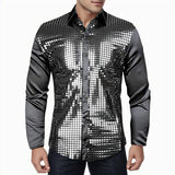 Men's Regular 70s Disco Shirts Metallic Sequins Long Sleeve Button Down Dress Shirts Nightclub Long Sleeve Shirt With Button MartLion Black XXL United States